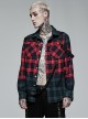 Punk Style Classic Lapel Cool Casual Leather Ring Decoration Metal Button Red Blue Plaid Long Sleeves Shirt