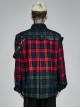 Punk Style Classic Lapel Cool Casual Leather Ring Decoration Metal Button Red Blue Plaid Long Sleeves Shirt