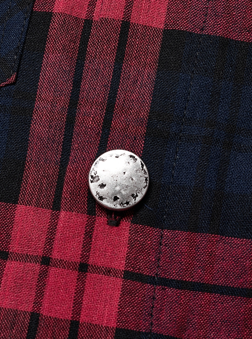 Punk Style Classic Lapel Cool Casual Leather Ring Decoration Metal Button Red Blue Plaid Long Sleeves Shirt