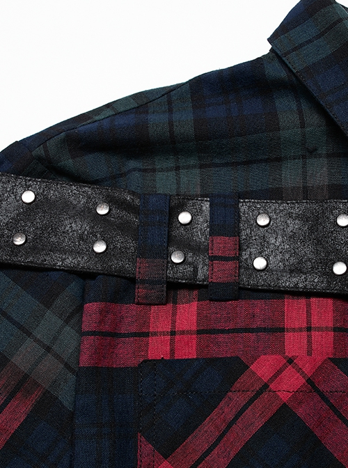 Punk Style Classic Lapel Cool Casual Leather Ring Decoration Metal Button Red Blue Plaid Long Sleeves Shirt