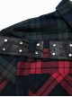 Punk Style Classic Lapel Cool Casual Leather Ring Decoration Metal Button Red Blue Plaid Long Sleeves Shirt