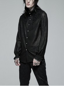 Gothic Style Vintage Stand Collar Exquisite Chiffon Print Gorgeous Embroidery Applique Black Long Sleeves Shirt