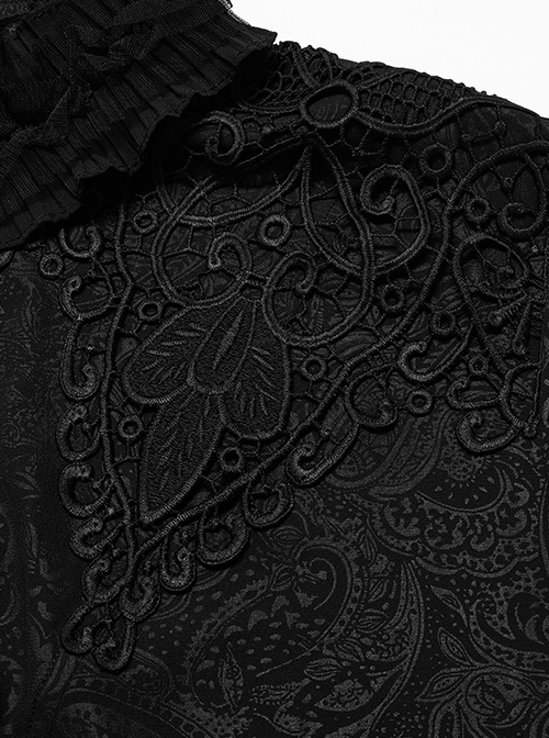 Gothic Style Vintage Stand Collar Exquisite Chiffon Print Gorgeous Embroidery Applique Black Long Sleeves Shirt