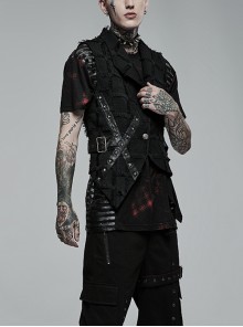 Punk Style Elegant Lapel Decadent Tassel Material Personality Asymmetric Hem Metal Rivet Black Slim Vest