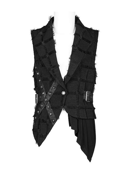 Punk Style Elegant Lapel Decadent Tassel Material Personality Asymmetric Hem Metal Rivet Black Slim Vest