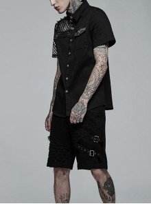 Punk Style Lapel Cool Spike Rivets Personality Patent Leather Mesh Splicing Black Short Sleeves Male Shirt
