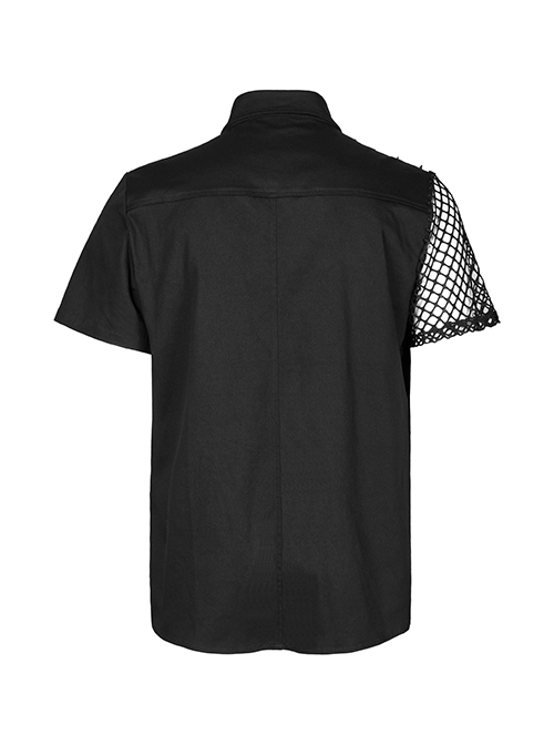 Punk Style Lapel Cool Spike Rivets Personality Patent Leather Mesh Splicing Black Short Sleeves Male Shirt