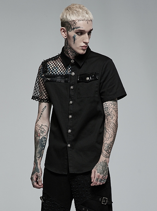 Punk Style Lapel Cool Spike Rivets Personality Patent Leather Mesh Splicing Black Short Sleeves Male Shirt