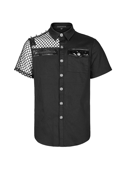 Punk Style Lapel Cool Spike Rivets Personality Patent Leather Mesh Splicing Black Short Sleeves Male Shirt