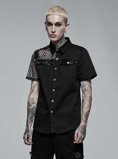 Punk Style Lapel Cool Spike Rivets Personality Patent Leather Mesh Splicing Black Short Sleeves Male Shirt