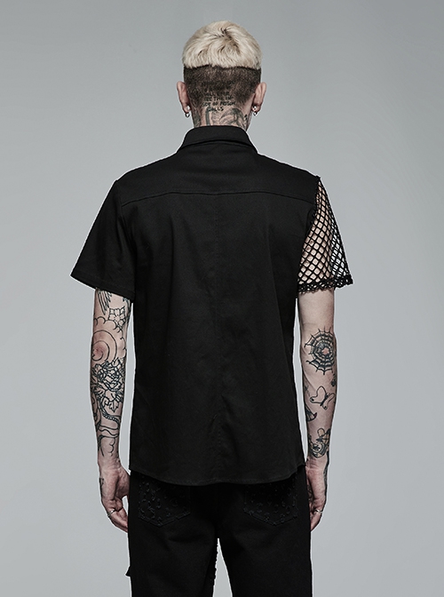 Punk Style Lapel Cool Spike Rivets Personality Patent Leather Mesh Splicing Black Short Sleeves Male Shirt