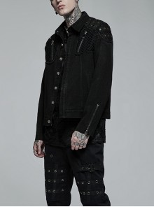 Punk Style Lapel Washed Old Effect Unique Mesh Splicing Daily Black Long Sleeves Male Denim Jacket