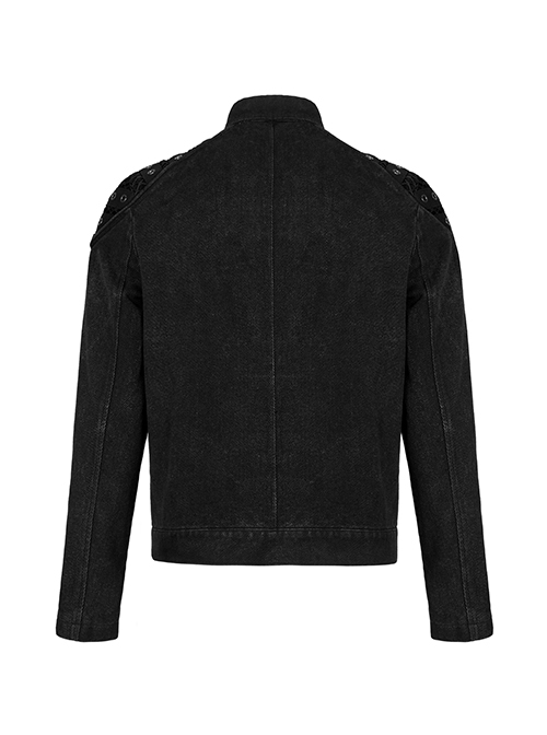 Punk Style Lapel Washed Old Effect Unique Mesh Splicing Daily Black Long Sleeves Male Denim Jacket