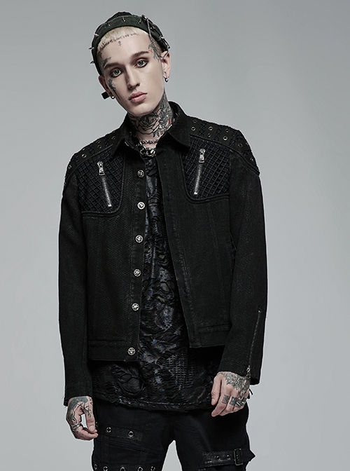 Punk Style Lapel Washed Old Effect Unique Mesh Splicing Daily Black Long Sleeves Male Denim Jacket