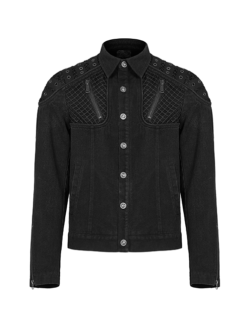 Punk Style Lapel Washed Old Effect Unique Mesh Splicing Daily Black Long Sleeves Male Denim Jacket