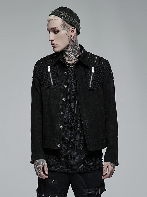 Punk Style Lapel Washed Old Effect Unique Mesh Splicing Daily Black Long Sleeves Male Denim Jacket