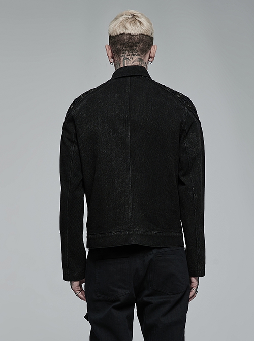 Punk Style Lapel Washed Old Effect Unique Mesh Splicing Daily Black Long Sleeves Male Denim Jacket