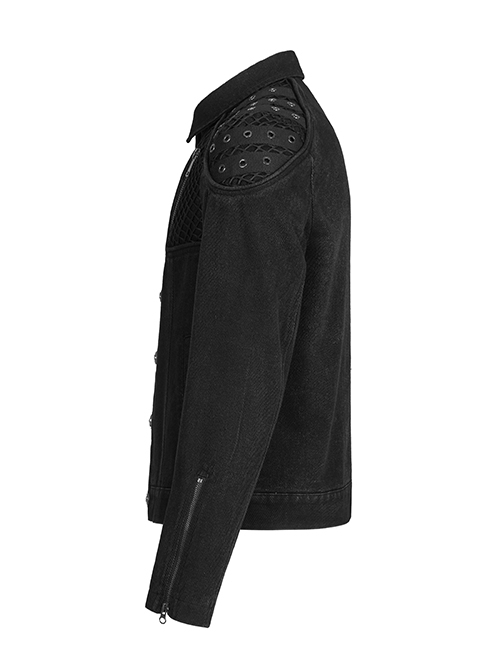 Punk Style Lapel Washed Old Effect Unique Mesh Splicing Daily Black Long Sleeves Male Denim Jacket