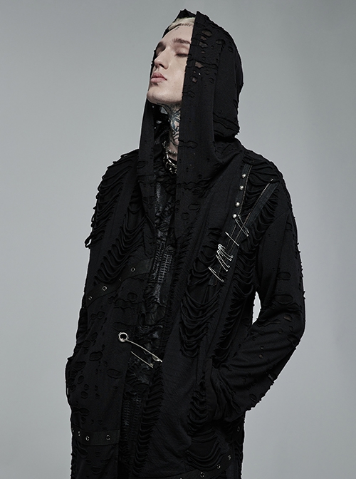 Punk Style Decadent Tattered Knitted Material Oversized Metal Pin Decoration Black Hooded Long Sleeves Coat
