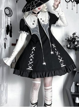 Spider Witch Series Cobweb Doll Collar Cobweb Black High Waist Ruffle Cross Straps Gothic Lolita Puff Sleeves Dress