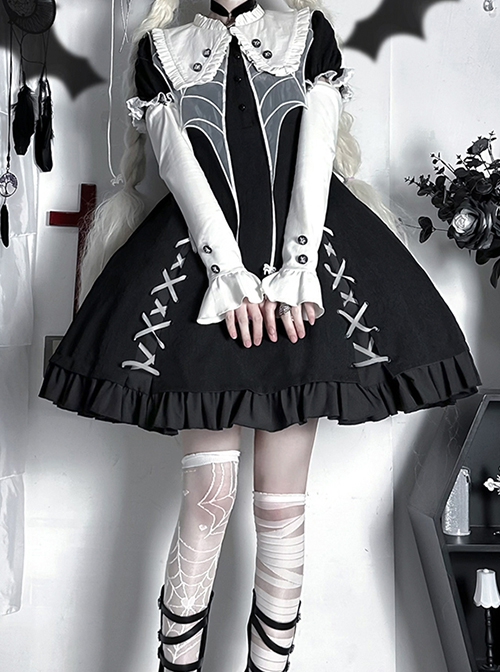 Spider Witch Series Cobweb Doll Collar Cobweb Black High Waist Ruffle Cross Straps Gothic Lolita Puff Sleeves Dress