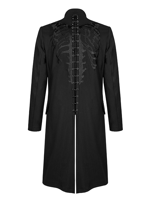 Punk Style Stand Collar Unique Skull Embroidery Metal Rivet Decoration Elegant Black Male Slim Long Coat