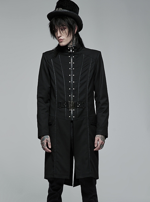 Punk Style Stand Collar Unique Skull Embroidery Metal Rivet Decoration Elegant Black Male Slim Long Coat