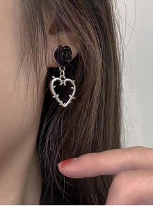 Dark Black Flower Versatile Vintage Thorns Rose Alloy Heart Sweet Cool Gothic Lolita Earrings