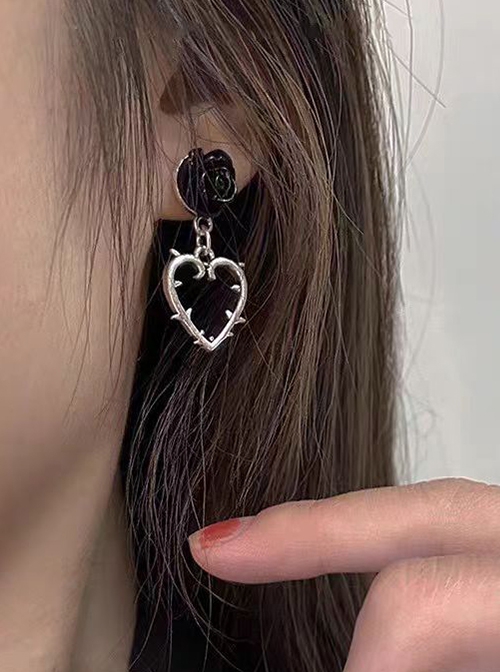 Dark Black Flower Versatile Vintage Thorns Rose Alloy Heart Sweet Cool Gothic Lolita Earrings