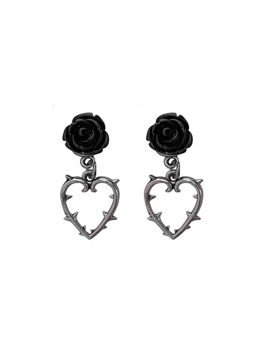 Dark Black Flower Versatile Vintage Thorns Rose Alloy Heart Sweet Cool Gothic Lolita Earrings