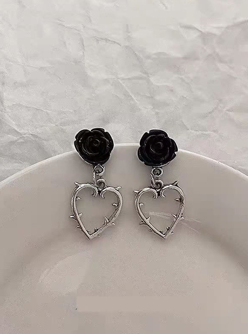 Dark Black Flower Versatile Vintage Thorns Rose Alloy Heart Sweet Cool Gothic Lolita Earrings