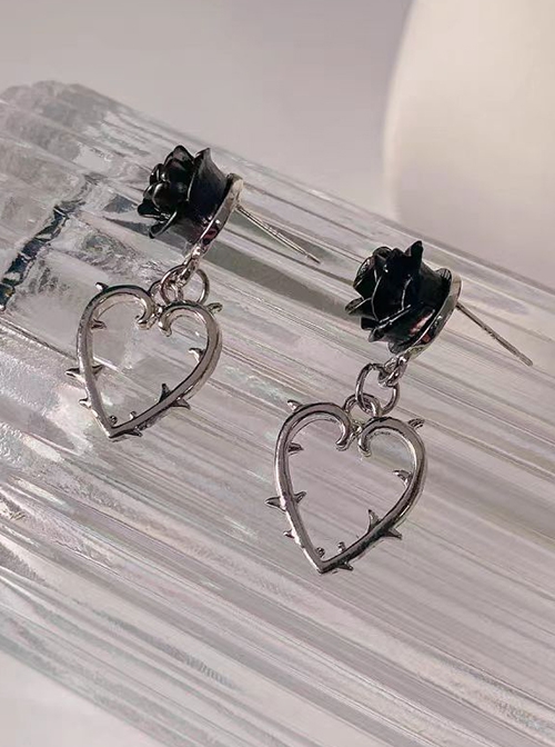 Dark Black Flower Versatile Vintage Thorns Rose Alloy Heart Sweet Cool Gothic Lolita Earrings