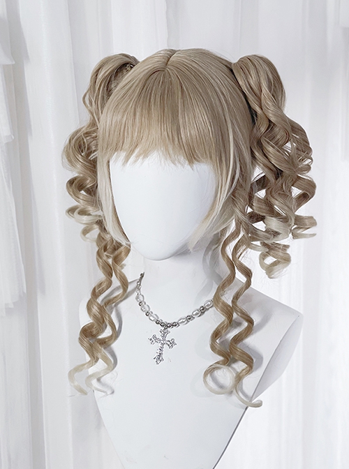 Gradual Golden Roman Roll Tiger Mouth Clip Double Ponytail Rolled Sideburns Flat Bangs Sweet Lolita Wig