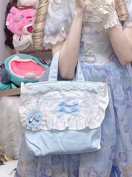 Light Blue Daily Elegant Ballet Style Dance Shoes Embroidery Ribbon Bowknot Ruffles Sweet Lolita Cloth Bag