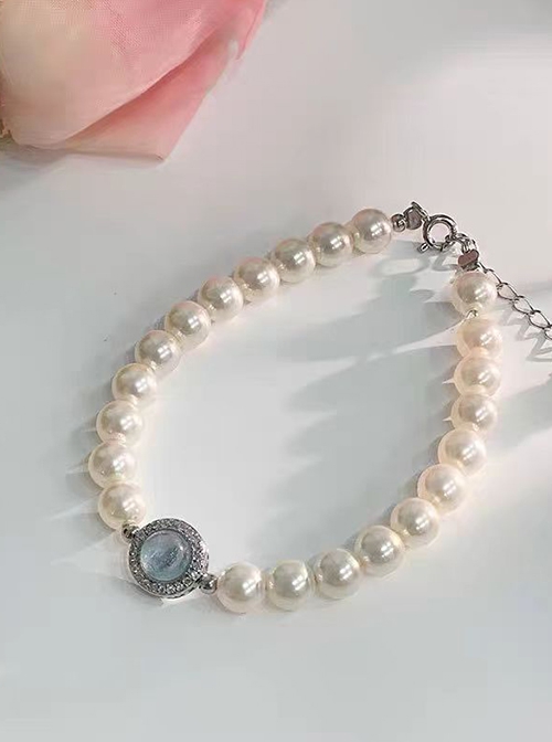 Elegant Ocean Blue Rhinestone Alloy Aquamarine Imitation Pearls Chain Classic Lolita Bracelet