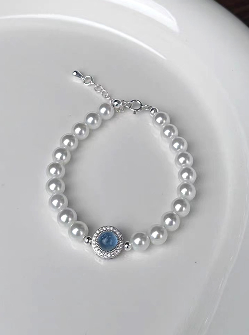 Elegant Ocean Blue Rhinestone Alloy Aquamarine Imitation Pearls Chain Classic Lolita Bracelet