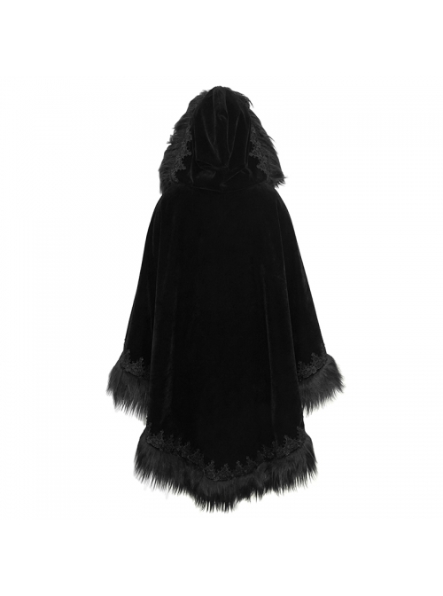 Gothic Style Simple Velvet Warm Wool Edge Black Lace Loose Hooded Cape