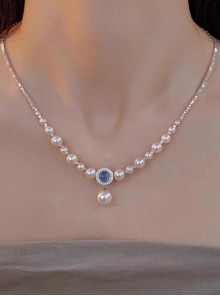 Beautiful Elegant Classic Lolita Broken Silver Aquamarine Pearl Pendant Clavicle Chain Necklace