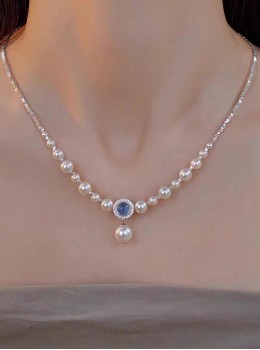 Beautiful Elegant Classic Lolita Broken Silver Aquamarine Pearl Pendant Clavicle Chain Necklace