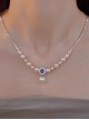 Beautiful Elegant Classic Lolita Broken Silver Aquamarine Pearl Pendant Clavicle Chain Necklace