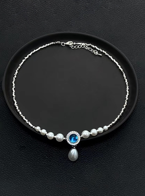 Beautiful Elegant Classic Lolita Broken Silver Aquamarine Pearl Pendant Clavicle Chain Necklace