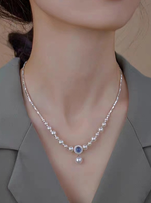 Beautiful Elegant Classic Lolita Broken Silver Aquamarine Pearl Pendant Clavicle Chain Necklace