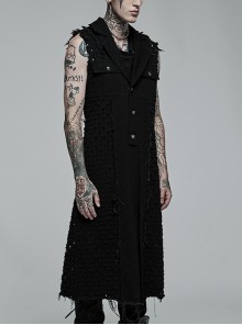 Punk Style Personality Knitted Tattered Hollow Design Handsome Skull Button Black Male Sleeveless Long Vest