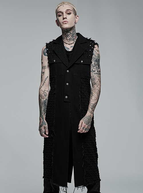 Punk Style Personality Knitted Tattered Hollow Design Handsome Skull Button Black Male Sleeveless Long Vest