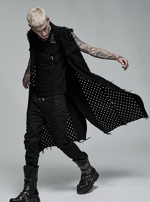 Punk Style Personality Knitted Tattered Hollow Design Handsome Skull Button Black Male Sleeveless Long Vest