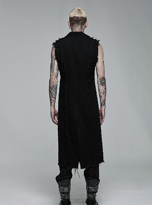 Punk Style Personality Knitted Tattered Hollow Design Handsome Skull Button Black Male Sleeveless Long Vest