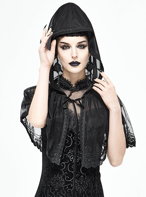 Gothic Style Sexy Slightly Transparent Elastic Mesh Splicing Lace Black Chiffon Hooded Cape