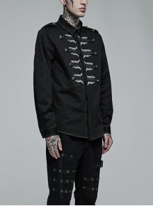 Punk Style Lapel Embroidered Skull Lace Embellished Metal Buttons Cool Black Long Sleeves Male Slim Shirt
