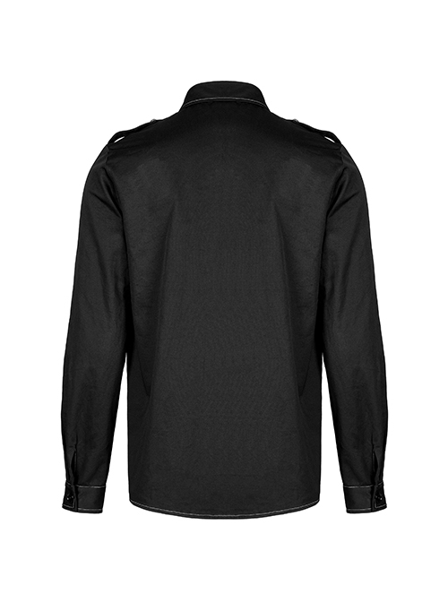 Punk Style Lapel Embroidered Skull Lace Embellished Metal Buttons Cool Black Long Sleeves Male Slim Shirt