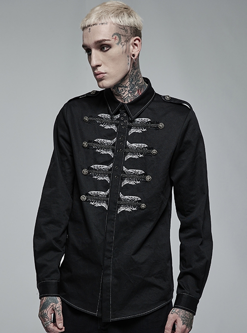 Punk Style Lapel Embroidered Skull Lace Embellished Metal Buttons Cool Black Long Sleeves Male Slim Shirt